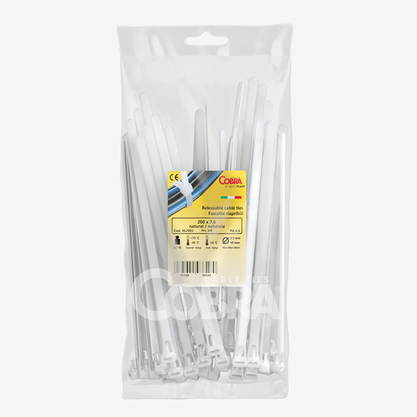 Embalagem de abraçadeiras naturais reutilizáveis – Cobra Embalagem de 100 abraçadeiras naturais reutilizáveis em nylon PA6.6 – Cobra Cieffeplast