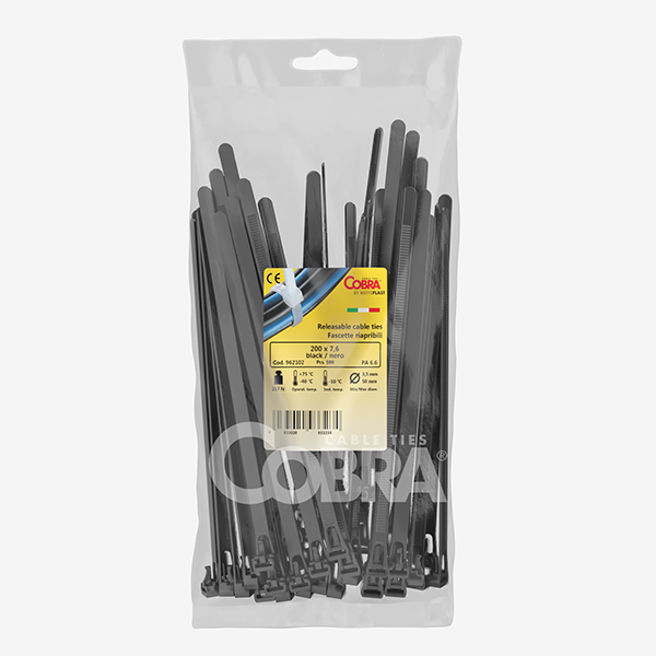 Embalagem de abraçadeiras pretas reutilizáveis – Cobra Embalagem de 100 abraçadeiras pretas reutilizáveis em nylon PA6.6 – Cobra Cieffeplast