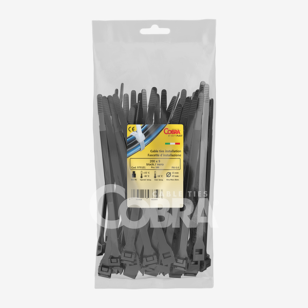 Bag of PA6.6 installation cable ties – Cieffeplast Cobra Pack of 100 outdoor UV-resistant nylon PA6.6 installation cable ties with single and double head – Cobra Cieffeplast