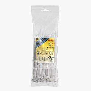 Embalagem de 100 abraçadeiras enforca gato naturais em nylon PA6.6 para instalações elétricas – Cobra Cieffeplast
