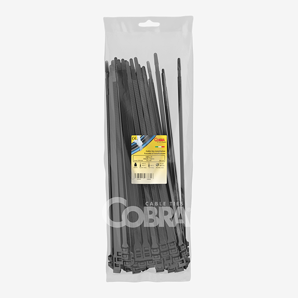 Paquete de 100 bridas de instalación PA12 con alta resistencia climática – 9821 – Cobra Cieffeplast Pack of 100 outdoor UV-resistant nylon PA6.6 installation cable ties with single and double head – 979103 – Cobra Cieffeplast