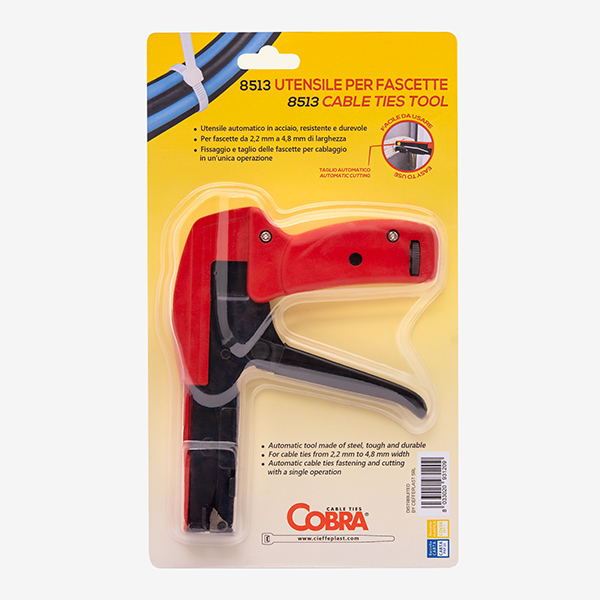 Embalagem alicate 8513 para abraçadeiras de 2,2 mm a 4,8 mm – Cieffeplast Ferramenta automática 8513, alicate metálico para apertar e cortar abraçadeiras 2,2–4,8 mm – Cieffeplast