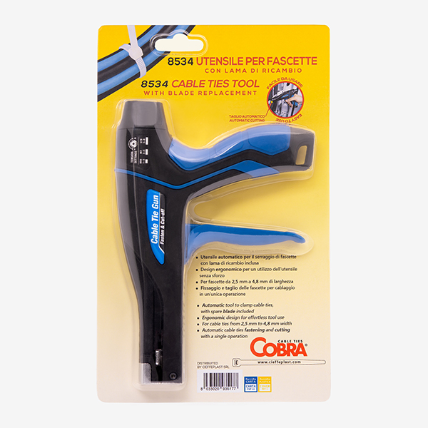 Embalagem alicate ergonómico 8534 para abraçadeiras de 2,2 mm a 4,8 mm – Cieffeplast Ferramenta automática 8534, alicate ergonómico em plástico e metal para apertar e cortar abraçadeiras 2,2–4,8 mm – Cieffeplast